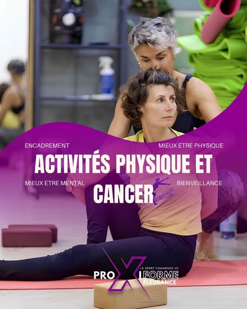 Deux femmes pratiquent des activités physique adaptées, encadrées. Texte: Activités Physique et Cancer, Mieux Être, Bienveillance. Logo PRO X IFORME.