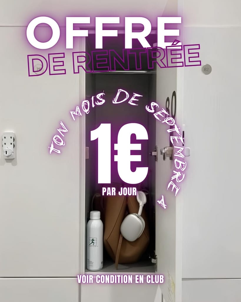 Offre de rentrée dans un casier de sport: ton mois de septembre à 1€ par jour. Bouteille et casque. Voir condition en club.