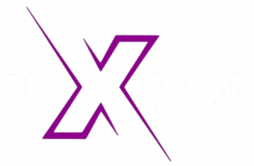Logo noir PROXIFORME avec un grand X violet stylisé au centre, et le texte blanc 'FLEURANCE' en dessous. Symbole de sport ou fitness.