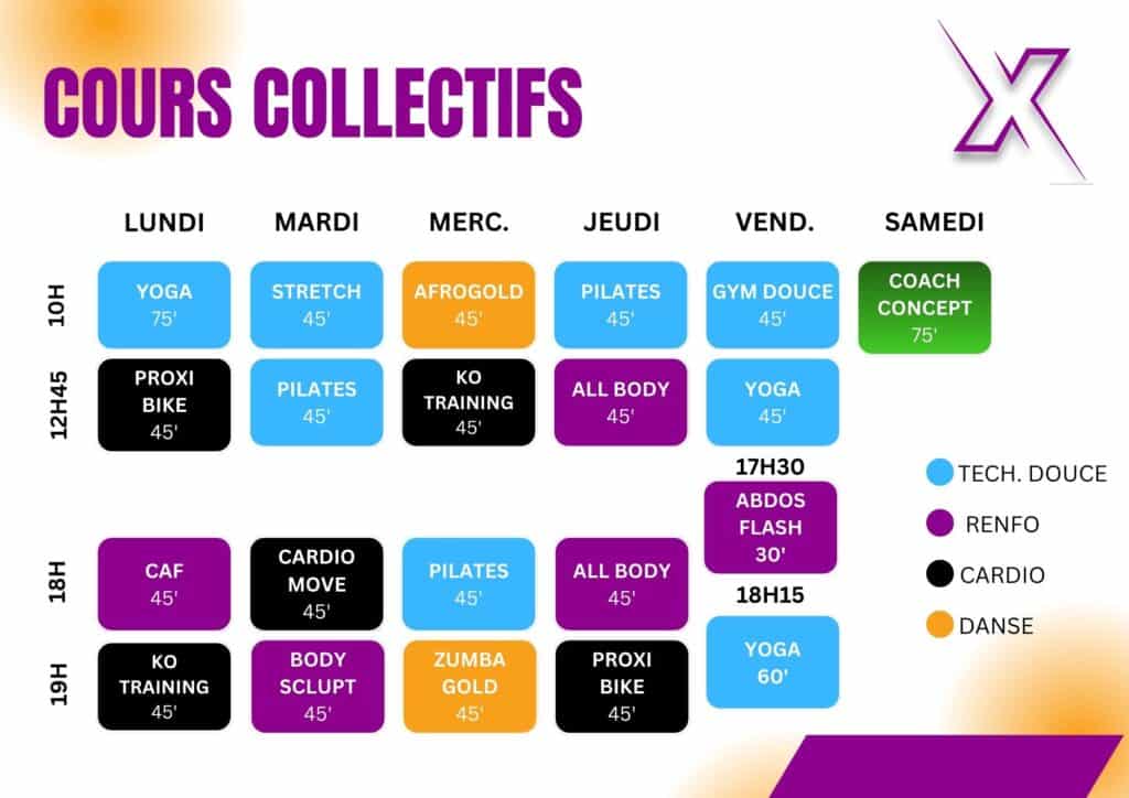 Planning des cours collectifs fitness pour la semaine. Horaires par jour (Lundi-Samedi), types de cours (Cardio, Renfo, Danse, Douce).