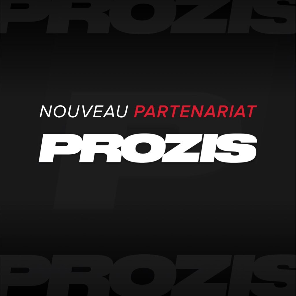 Logo Prozis blanc sur fond noir. Texte "Nouveau Partenariat" (blanc et rouge) annonce une collaboration officielle.