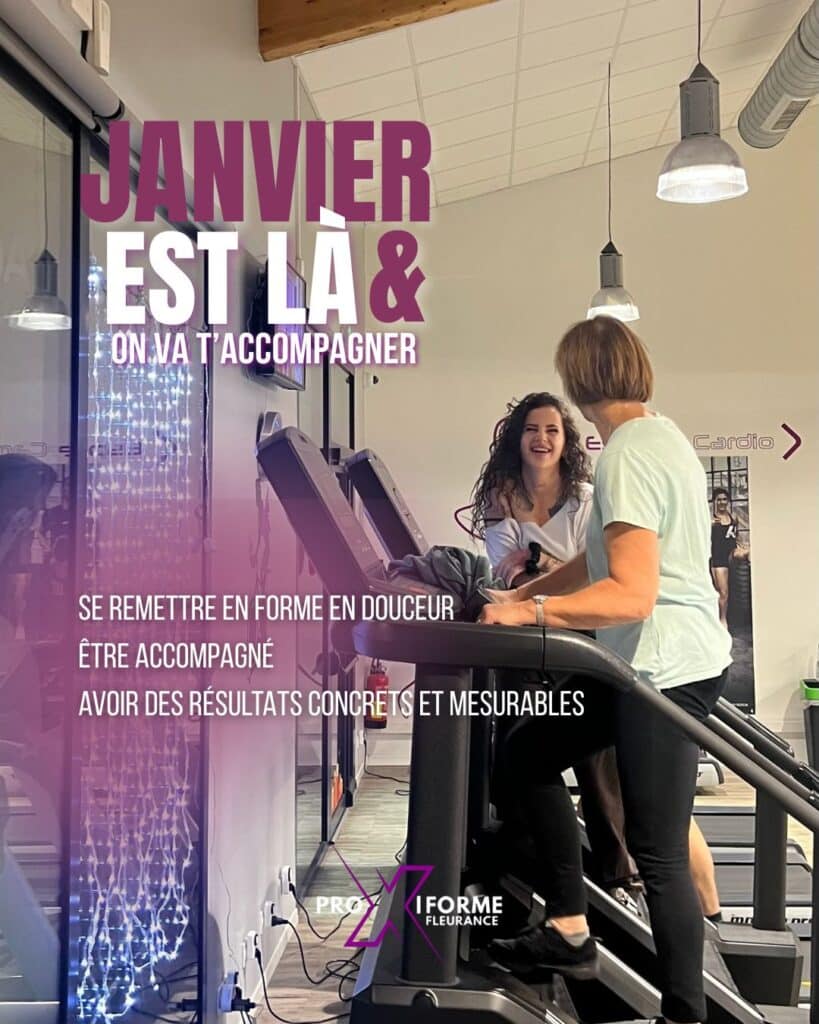 Deux femmes sur un stepper, sourires et coaching personnalisé. "Janvier est là, se remettre en forme en douceur avec I Forme Fleurance."