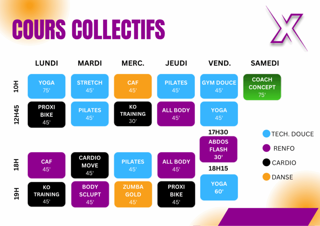 Planning des Cours Collectifs de Lundi à Samedi (10h-19h). Activités: Yoga, Cardio, Pilates, Zumba, Renfo (Body Sclupt, CAF).