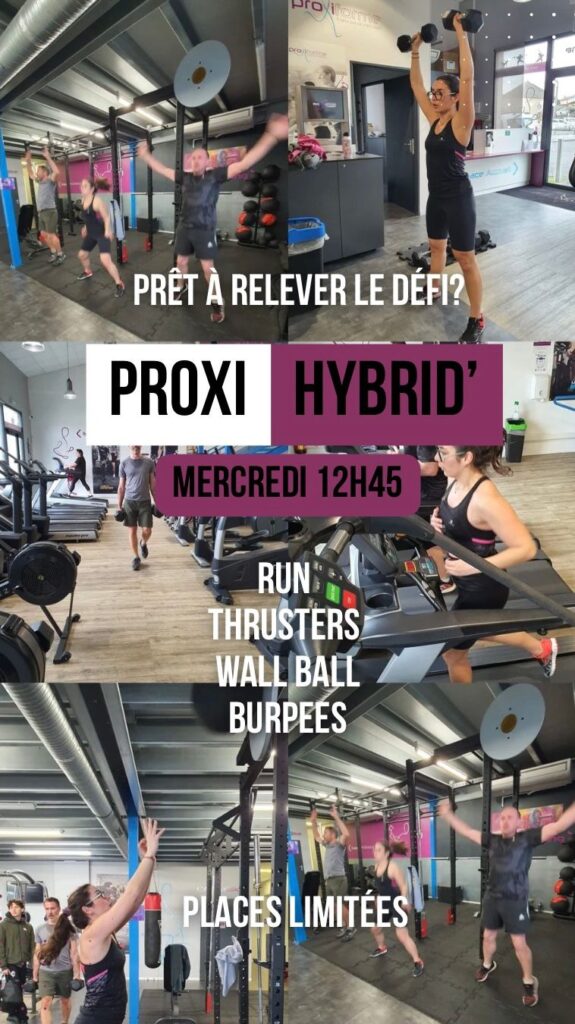 Séance Proxi Hybrid' chez Proxiforme : run, thrusters, wall ball et burpees le mercredi à 12h45. Places limitées.
